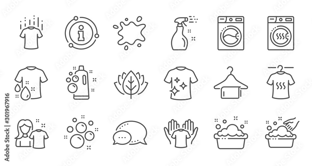 Fototapeta premium Laundry line icons. Dryer, Washing machine and dirt shirt. Laundromat, hand washing, laundry service icons. Linear set. Quality line set. Vector