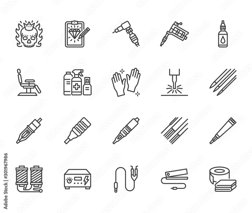 Tattoo, piercing equipment flat line icons set. Tattoo machine, needle, paint, sketch, skull, laser removal vector illustrations. Outline signs for studio. Pixel perfect 64x64. Editable Strokes
