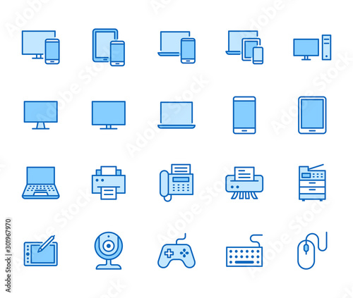 Devices flat line icons set. Pc, laptop, computer, smartphone, desktop, office copy machine vector illustrations. Outline minimal signs for electronic store. Pixel perfect 64x64. Editable Strokes