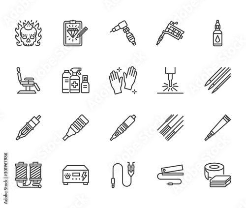 Tattoo, piercing equipment flat line icons set. Tattoo machine, needle, paint, sketch, skull, laser removal vector illustrations. Outline signs for studio. Pixel perfect 64x64. Editable Strokes