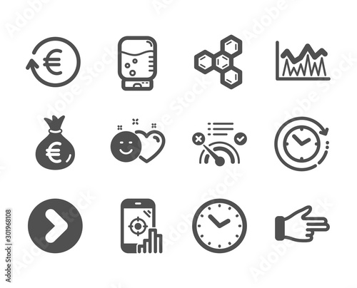 Set of Business icons, such as Money bag, Seo phone, Smile, Click hand, Forward, No internet, Time, Chemical formula, Exchange currency, Investment, Water cooler, Time change. Money bag icon. Vector