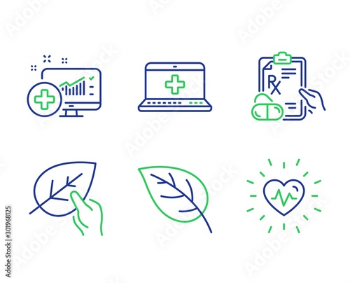 Medical analytics, Medical help and Prescription drugs line icons set. Leaf, Organic tested and Heartbeat signs. Medicine system, Medicine laptop, Pills. Environmental. Healthcare set. Vector