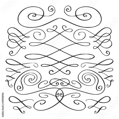 Borders and certificate swirl dividers. Vintage calligraphy style. Curve ornamental decor, vignettes.