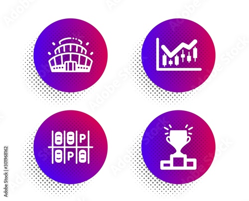Parking place, Financial diagram and Arena stadium icons simple set. Halftone dots button. Winner podium sign. Transport, Candlestick chart, Competition building. Competition results. Vector