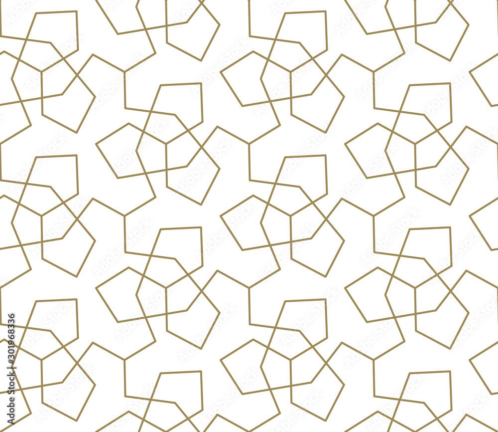 Fototapeta Seamless pattern with abstract geometric line texture, gold on white background. Light modern simple wallpaper, bright tile backdrop, monochrome graphic element