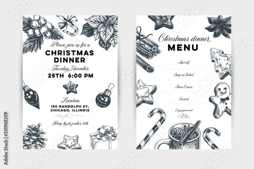 Christmas dinner hand drawn vector invitation and menu template