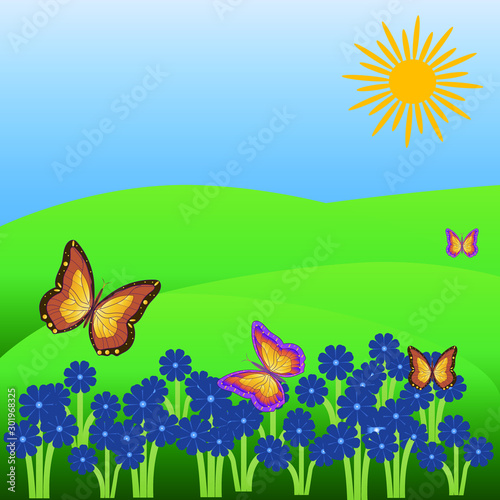 landscape with flowers and butterflies. bright sun, green hills and blue sky