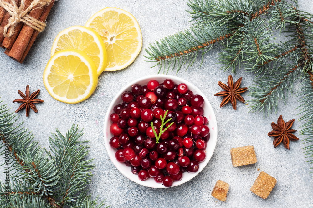 Fresh raw berries cranberries and lemon in a plate on a gray background