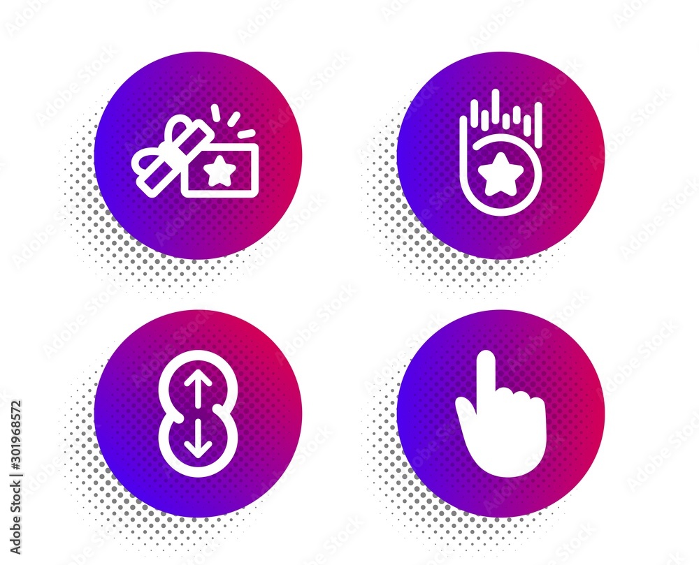 Loyalty star, Loyalty gift and Scroll down icons simple set. Halftone dots button. Hand click sign. Bonus reward, Bonus award, Swipe arrow. Location pointer. Business set. Vector