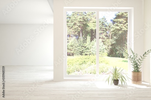 Stylish empty room in white color with summer landscape in window. Scandinavian interior design. 3D illustration