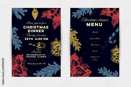 Christmas dinner hand drawn vector invitation and menu template
