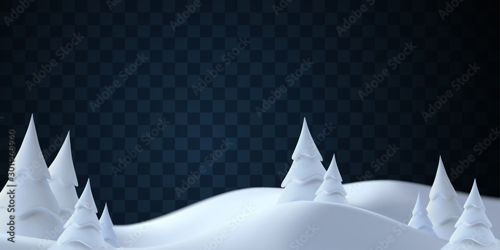 Plakat Zimowy krajobraz z zaspy śnieżne i ośnieżone jodły. Ilustracja wektorowa 3d. Sezonowy charakter tła. Mroźne śnieżne wzgórza. Naturalna dekoracja na przezroczystym tle. Koncepcja sztuki gry.