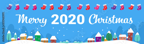 cute houses snowy town on winter background merry christmas happy new year holidays celebration concept greeting card horizontal banner vector illustration