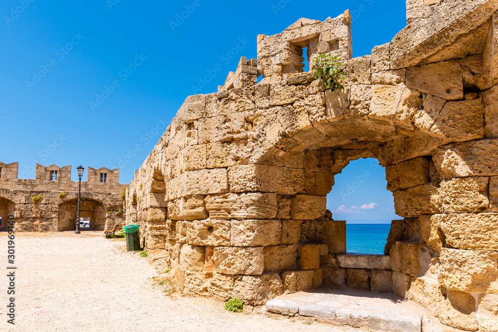 The old city walls of Rhodes on a sunny day. Dodecanese, Greece