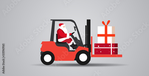 santa claus driving forklift truck loading colorful gift present boxes delivery and shipping concept merry christmas happy new year winter holidays celebration horizontal sketch vector illustration