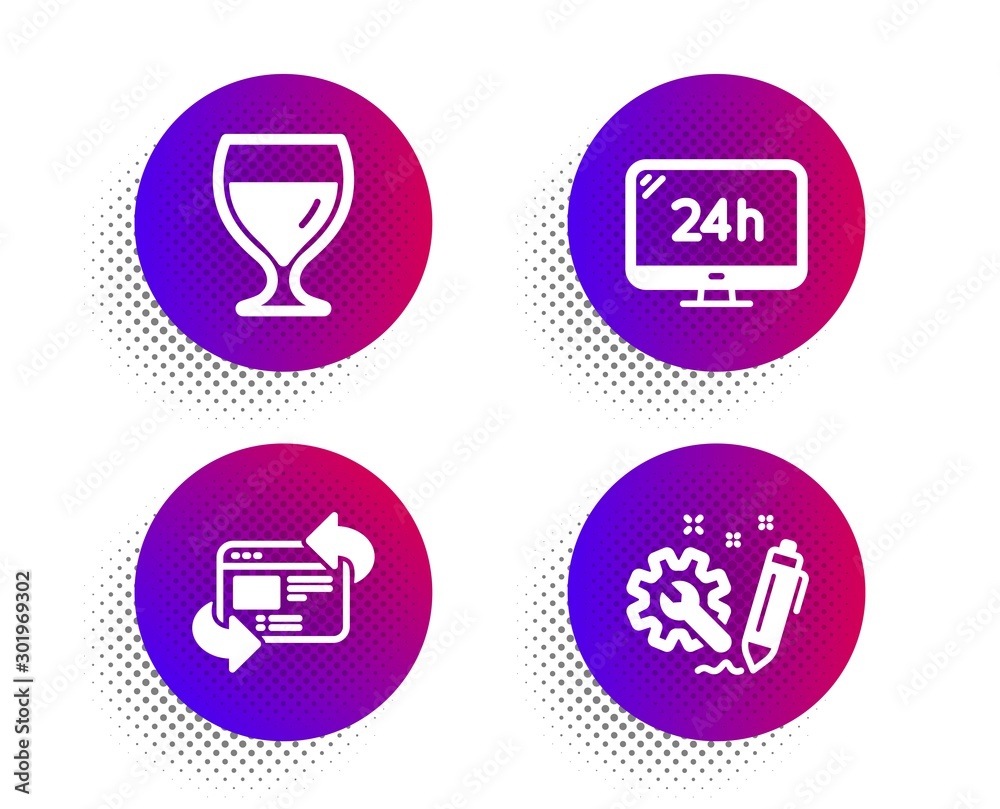 Wine glass, 24h service and Refresh website icons simple set. Halftone dots button. Engineering sign. Cabernet wineglass, Call support, Update internet. Construction. Business set. Vector