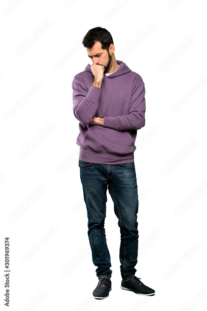 Full-length shot of Handsome man with sweatshirt having doubts over isolated white background Full-length shot of Handsome man with sweatshirt having doubts over isolated white background