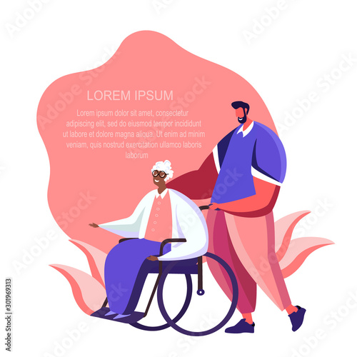 Canvas-taulu Son walks with his old disabled mother in the wheelchair caring for her