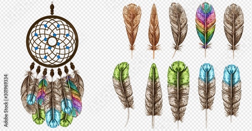 Dream catcher vector illustration. Boho bohemian dream catcher. Feathers colorful color. On transparent background. Isolated from each other. For your design.