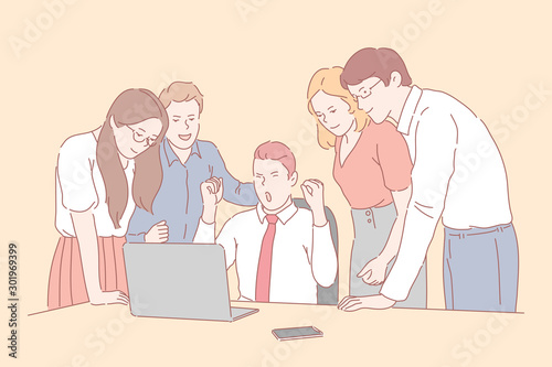 Good news or deal, profit growth concept. A happy team of business people rejoice in their success. Businessmen and business women look into a laptop on a bos desktop in the office. Simple flat vector
