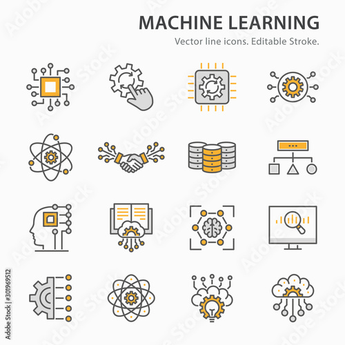 Machine learning line icons set. Vector illustration. Editable stroke.