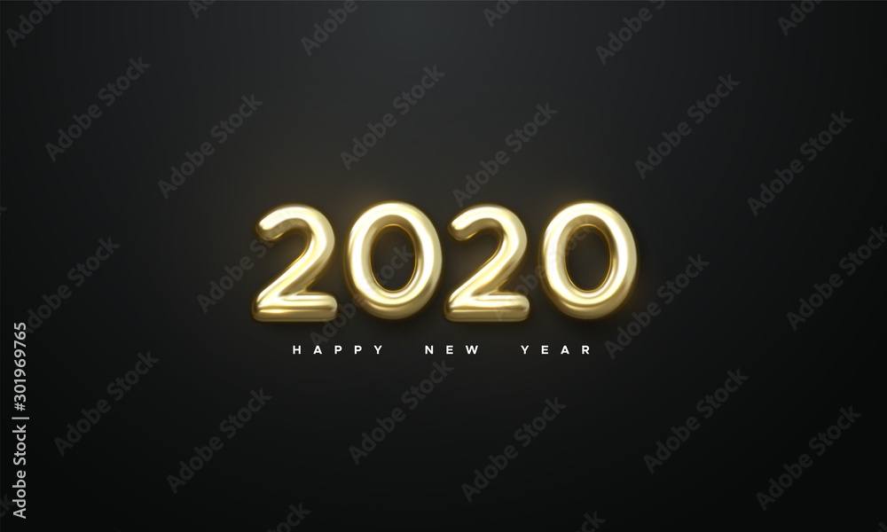 Happy New 2020 Year. Holiday vector illustration of golden metallic numbers 2020. Realistic 3d sign. Festive poster or banner design