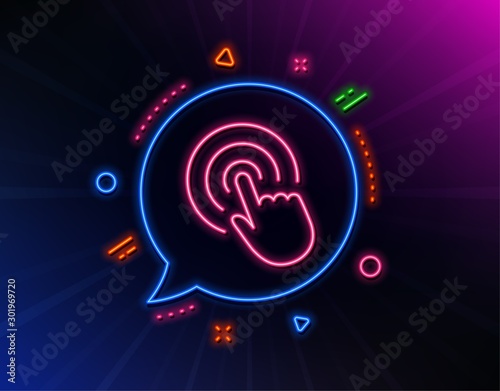 Hand Click line icon. Neon laser lights. Finger touch sign. Cursor pointer symbol. Glow laser speech bubble. Neon lights chat bubble. Banner badge with click icon. Vector