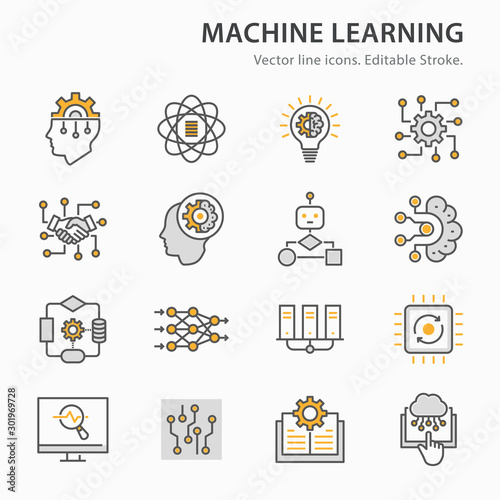 Machine learning line icons set. Vector illustration. Editable stroke.