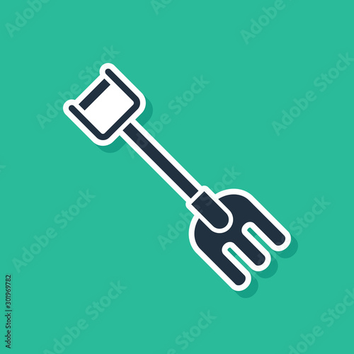 Blue Garden rake icon isolated on green background. Tool for horticulture, agriculture, farming. Ground cultivator. Housekeeping equipment. Vector Illustration