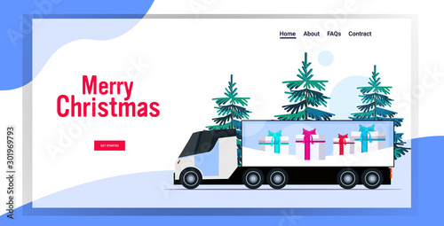 delivery semi truck driving road merry christmas happy new year holidays concept snowy winter landscape background horizontal greeting card copy space vector illustration