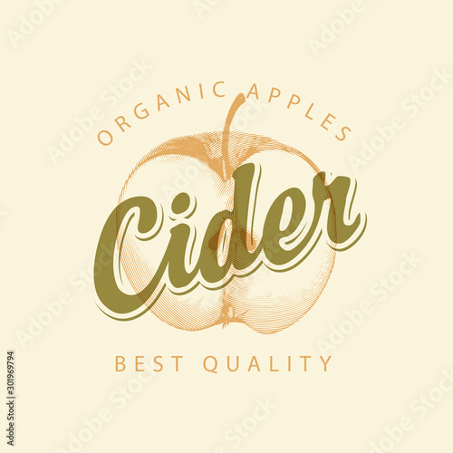 Fototapete Vector label for Apple cider with a realistic image of half an apple and calligr