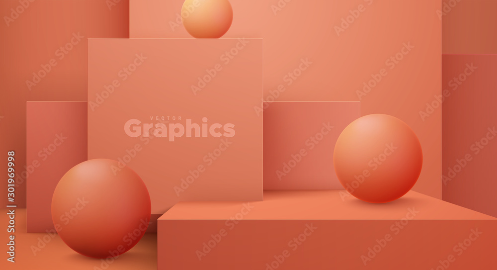 Minimal geometric interior. Vector 3d illustration. Modern studio space. Coral background. Futuristic showroom concept. Stage or podium for product exposition. Geometric cubes and spheres Minimal geometric interior. Vector 3d illustration. Modern studio space. Coral background. Futuristic showroom concept. Stage or podium for product exposition. Geometric cubes and spheres