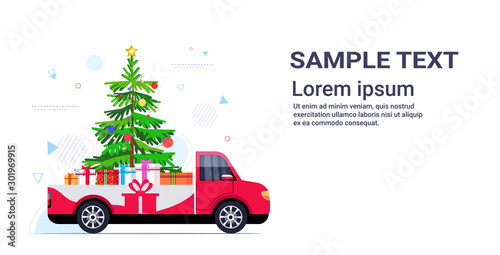 red pickup car with fir tree and gift present boxes merry christmas happy new year winter holidays concept horizontal copy space vector illustration