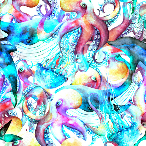 Seamless watercolor pattern. Sea animals, underwater world. Dancing octopuses, midus, big whales and dolphins. Under the water. photo