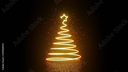 sparkling bright line of light forming a stylized Christmas tree with a star on a glitter background, 4k 