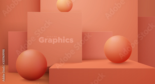 Minimal geometric interior. Vector 3d illustration. Modern studio space. Coral background. Futuristic showroom concept. Stage or podium for product exposition. Geometric cubes and spheres