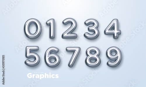 Silver numbers set. Vector 3d illustration. Realistic shiny characters. Isolated digits. Decoration elements for banner, cover, birthday or anniversary party invitation design