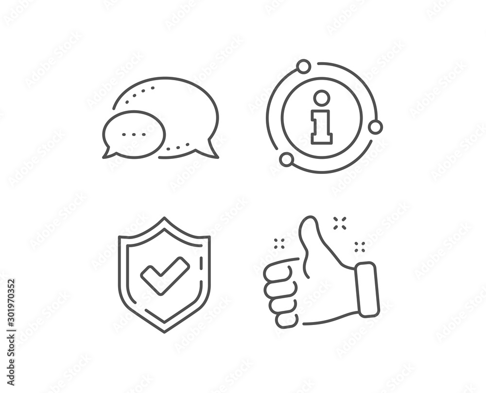 Check mark line icon. Chat bubble, info sign elements. Accepted or Approve sign. Tick shield symbol. Linear confirmed outline icon. Information bubble. Vector Check mark line icon. Chat bubble, info sign elements. Accepted or Approve sign. Tick shield symbol. Linear confirmed outline icon. Information bubble. Vector