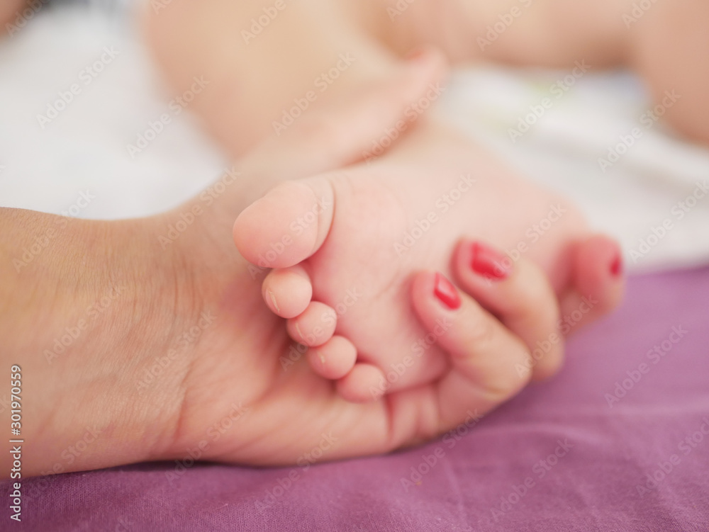 Feet of a sleeping newborn baby. Feet of a sleeping newborn baby close up. Place for writing. Placing text. Feet of a sleeping newborn baby. Feet of a sleeping newborn baby close up. Place for writing. Placing text.