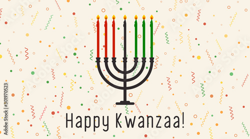Vector illustration of Happy Kwanzaa holidays. Greeting card with menorah ans flags.