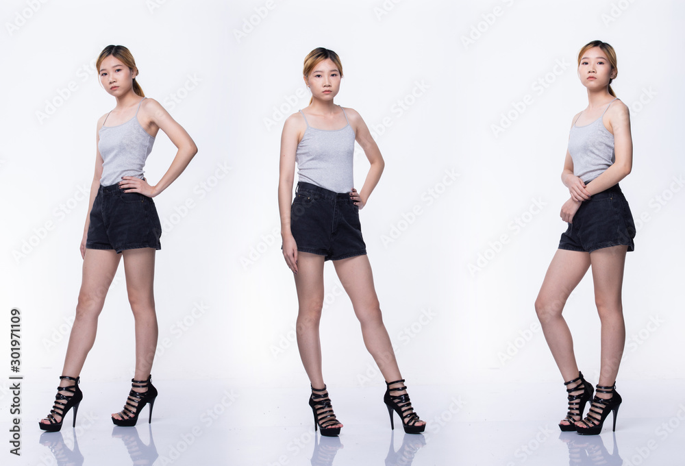 Collage Group Pack of Young Teenager Asian Woman blonde color dying hair gray shirt high heel shoes pose with full length body snap in good mood optimistic. Studio Lighting white Background isolated Collage Group Pack of Young Teenager Asian Woman blonde color dying hair gray shirt high heel shoes pose with full length body snap in good mood optimistic. Studio Lighting white Background isolated