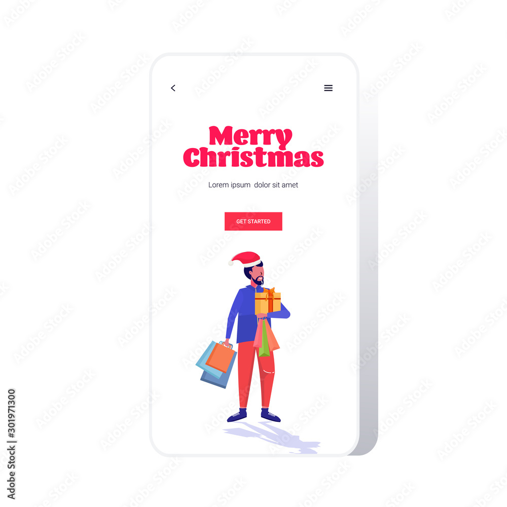 man in santa hat carrying shopping bags and gift present box merry christmas happy new year winter holidays celebration concept smartphone screen online mobile app full length sketch vector
