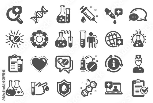 Medical healthcare, doctor icons. Drug testing, scientific discovery and disease prevention signs. Chemical formula, medical doctor research, chemistry testing lab icons. Quality set. Vector