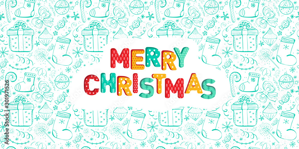 Christmas or new year horizontal banner for the site in the vector. Holiday card with hand drawn different items and text merry Christmas. Colorful 3D letters in a childish, fun style. Christmas or new year horizontal banner for the site in the vector. Holiday card with hand drawn different items and text merry Christmas. Colorful 3D letters in a childish, fun style.