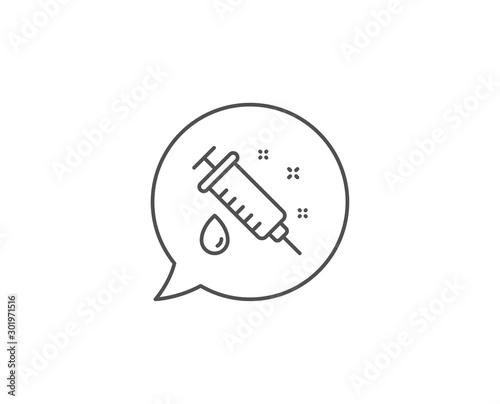 Medical syringe line icon. Chat bubble design. Medicine vaccine sign. Pharmacy medication symbol. Outline concept. Thin line medical syringe icon. Vector