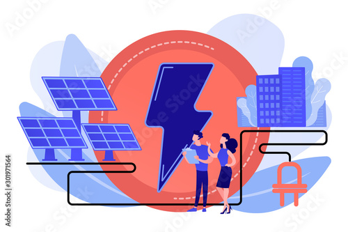 Businessmen use solar energy panels to produce electricity for the city. Solar energy, solar power plant, alternative source of electricity concept. Pinkish coral bluevector isolated illustration