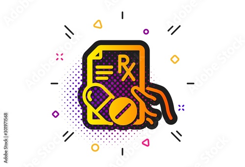 Medicine drugs pills sign. Halftone circles pattern. Prescription Rx recipe icon. Classic flat prescription drugs icon. Vector