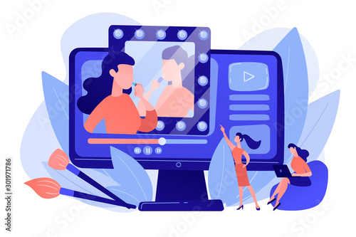 Female user watches beauty blogger showing latest trend makeup tutorial. Beauty blogger, beauty blog production, online beauty consultant concept. Pinkish coral bluevector isolated illustration