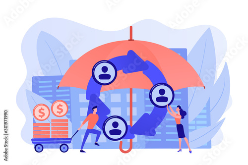 Individuals pool their premiums together to insure against a risk. Peer-to-Peer insurance, P2P collaborative risk, new social insurance concept. Pinkish coral bluevector isolated illustration