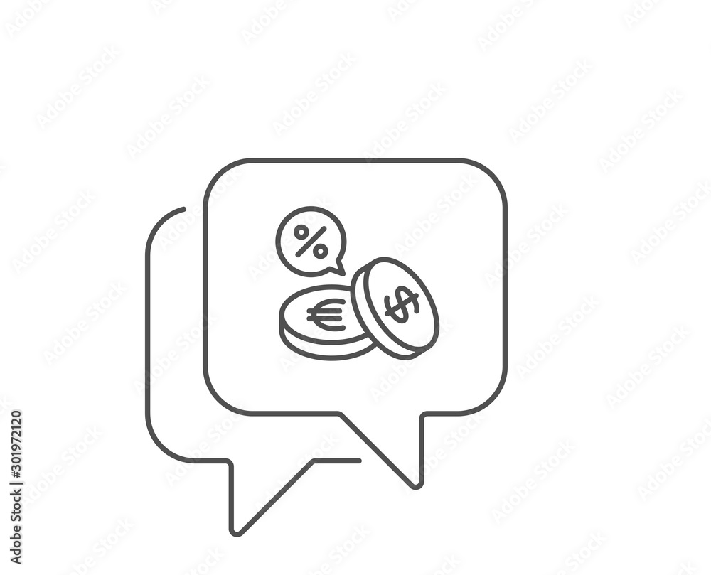 Coins money line icon. Chat bubble design. Banking currency sign. Euro and Dollar Cash symbols. Cashback service. Outline concept. Thin line currency exchange icon. Vector Coins money line icon. Chat bubble design. Banking currency sign. Euro and Dollar Cash symbols. Cashback service. Outline concept. Thin line currency exchange icon. Vector